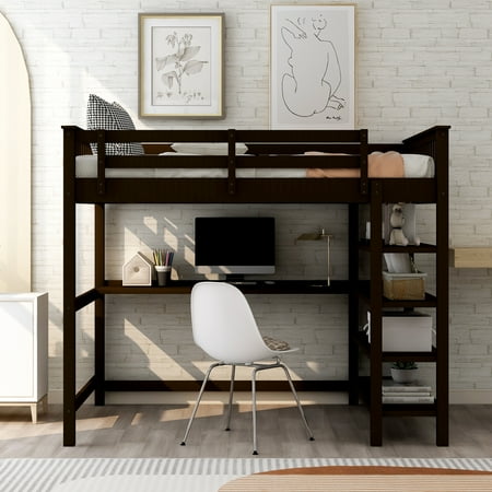 Wood Loft Bed with Storage Shelves and Desk, Storage Shelf, Full-Length guardrail, Space-Saving Design with Bookcase, No Box Spring Needed