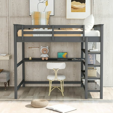 Wood Loft Bed with Storage Shelves and Desk, Storage Shelf, Full-Length guardrail, Space-Saving Design with Bookcase, No Box Spring Needed