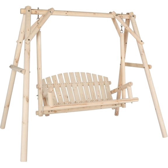Wood Log Patio Porch Swing Set with A-Frame Stand, 2-Person Loveseat for Backyard Deck