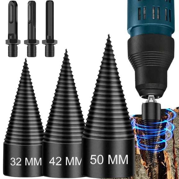 Wood Log Splitter Firewood Drill Bit, 3 Sizes & Multiple Drill Adapters for Dry Soft Wood, Kindling, Fireplaces & Camping