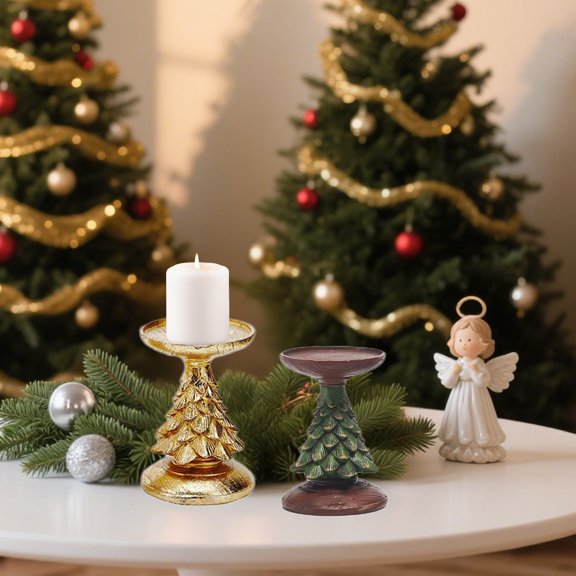 Wood-Look Christmas Tree Candlestick Holder - Resin Tree-Shaped Candle Stand Candlestick Base, Christmas Holiday Tabletop Centerpiece for Coffee Table Office Desk Bookshelf