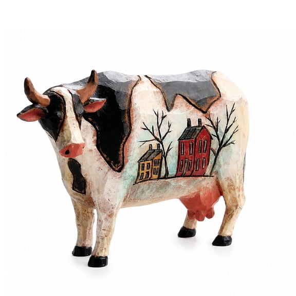 Wood Look Cow Figurine for Farmhouse Decor, Hand-Painted Resin Cow Statue, Rustic Farm Animal Tabletop Decoration for Shelf, Entryway, Kitchen, Living Room, Office & Gift
