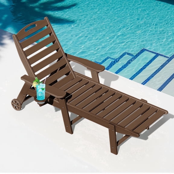 Wood Look HDPE Outdoor Chaise Lounge Chair, Rolling Pool Lounger, Brown