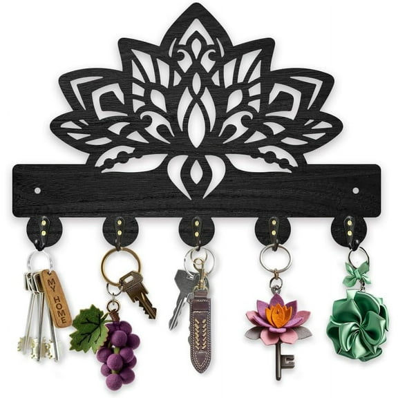 Wood Lotus Flower Coat Hooks Hanger Mandala Lotus Key Holder for DIY Wall 11.87.9inch Black Key Hooks Rack 5 Alloy Hooks Home Decor Gifts Entryway Kitchen Bathroom Storage Organizer