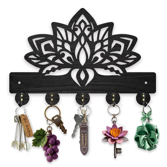 Wood Lotus Flower Coat Hooks Hanger Mandala Lotus Key Holder for Wall 11.87.9inch Black Key Hooks Rack 5 Alloy Hooks Home Decor