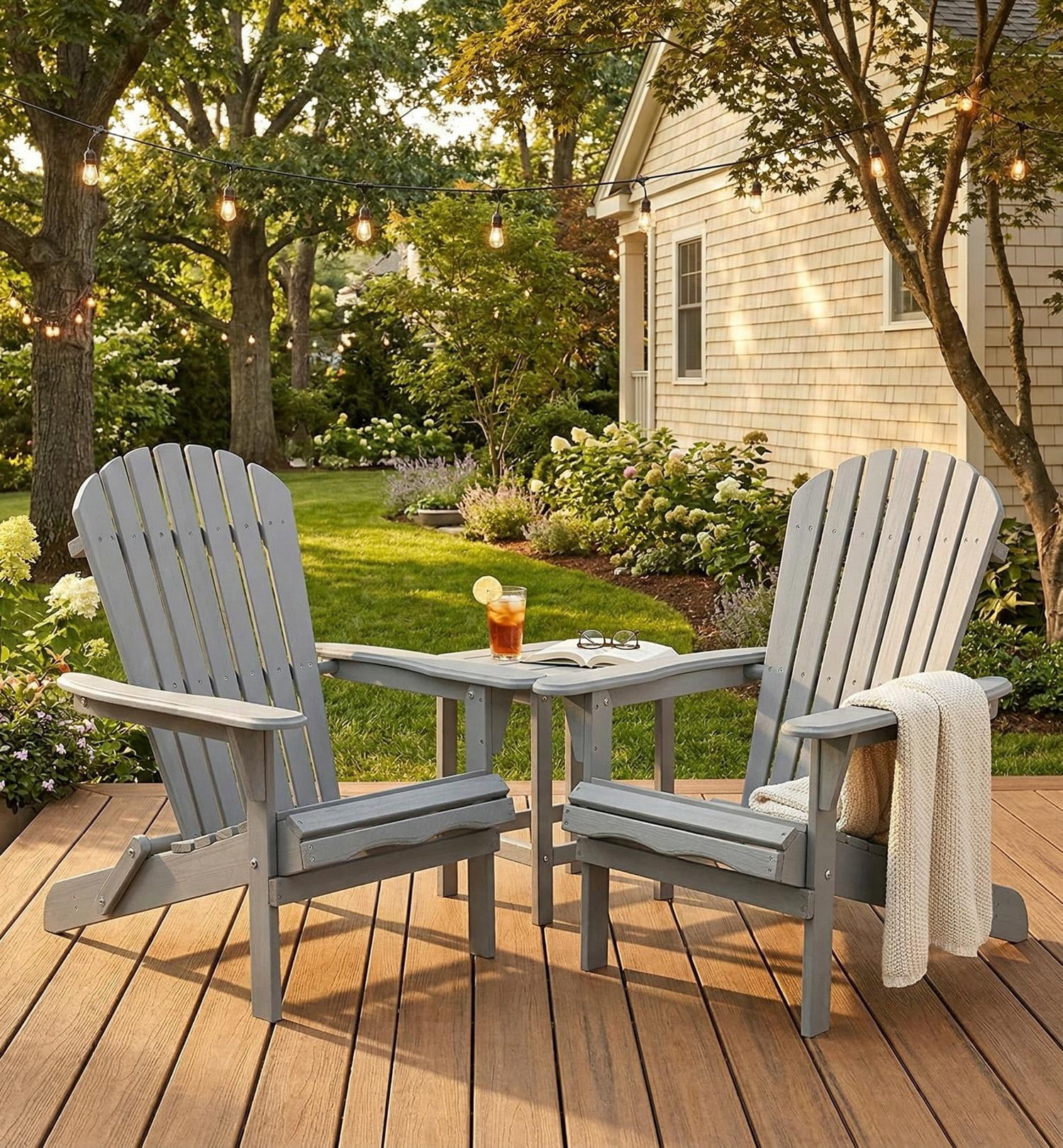 Wood Lounge Patio Chair Set of 2, Folding Adirondack Chairs with Solid Cedar Wood, Outdoor Garden Chairs for Lawn, Backyard, Comfortable, Gray
