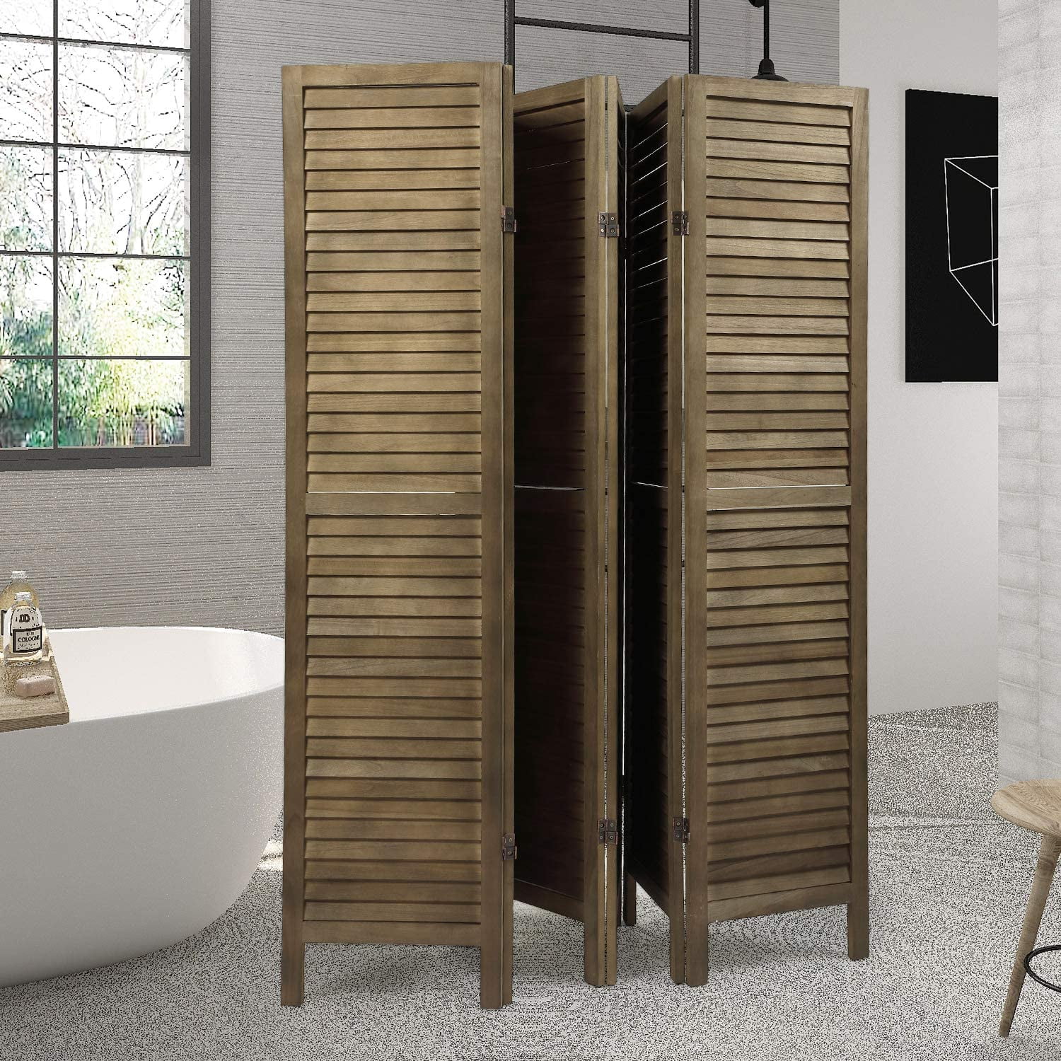 Wood Louvered Room Divider, 6 Panel Folding Privacy Screen for Home