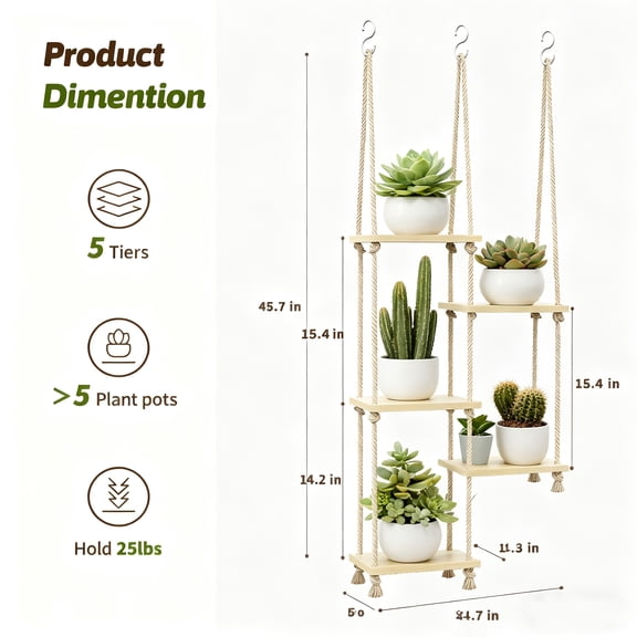 Wood Macrame Hanging Plant Stand with Irregular Shelves - Birch Bark Suitable for Indoor/Outdoor Use, Boho Window Sill Shelf for Plants, Rustic Floating Shelves for Living Room, Bedroom, Balcony