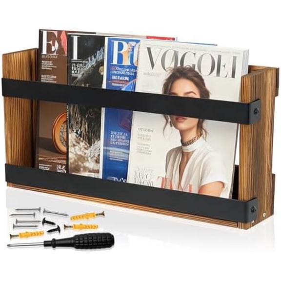 Wood Magazine Holders Wall & Bathroom Magazine Rack, Pine Wood + Black Metal Wall Magazine Holder for Magazines, Books  Mountable or Freestanding Organizer$$Home Decor, Kitchen, & Other