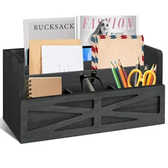 Wood Mail Organizer Countertop, Rustic Desktop Mail Organizer for Home Office, Mail Holder File Organizer Wall Mount, Desk Organizers and Accessories, Black File Paper Holder for Desktop