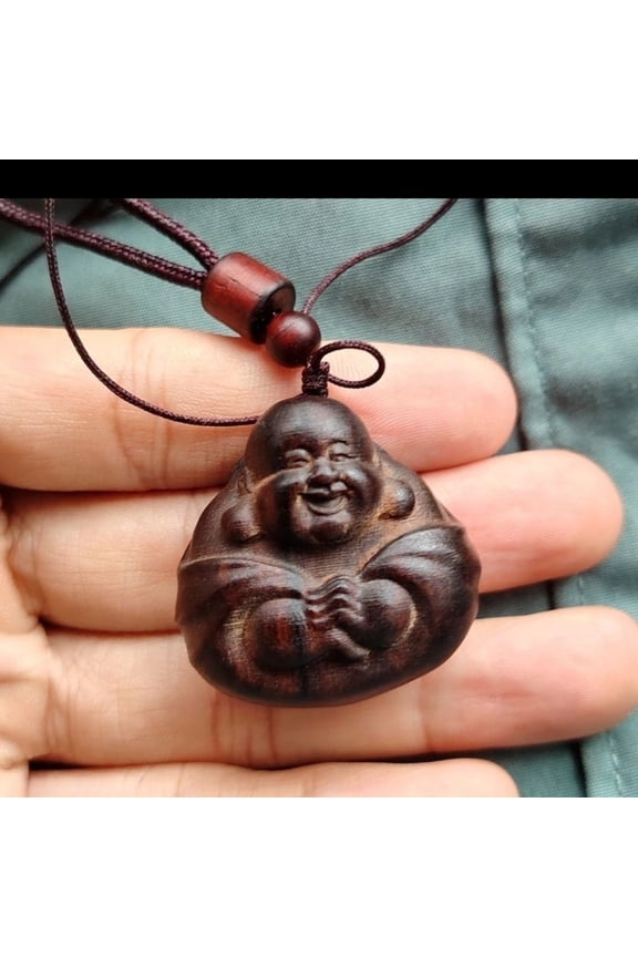 Wood Maitreya Pendant Carved Buddha Amulet Handcrafted Wooden Spiritual Jewelry Unisex Necklace or Hand Piece Ornament