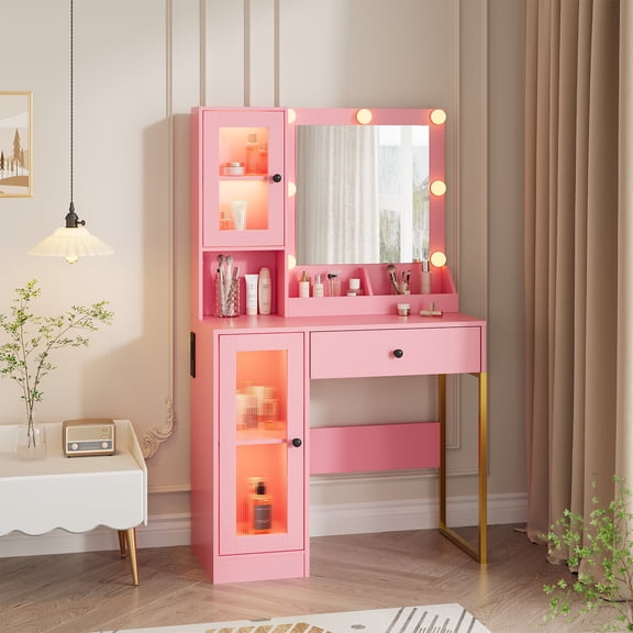 Wood Makeup Vanity Desk with Mirror and Lights, Charging Station, 2 Open Compartments, 2 Acrylic Door Cabinets and RGB Lighting for Bedroom