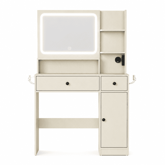 Wood Makeup Vanity Table with LED Light Mirror, Drawers and Side Storage Cabinet, Modern Dressing Table for Bedroom Cosmetic Organizer
