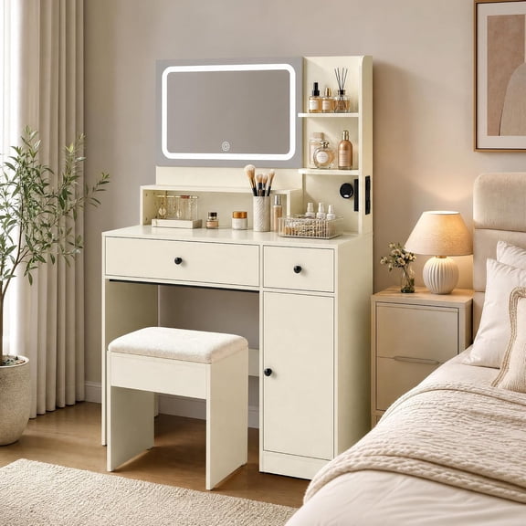 Wood Makeup Vanity Table with LED Light Mirror, Drawers and Side Storage Cabinet, Modern Dressing Table for Bedroom Cosmetic Organizer