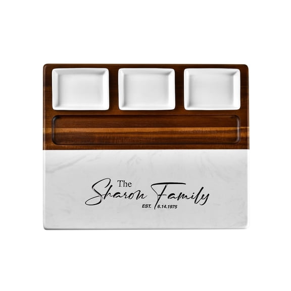 Wood Marble Cheese Board Set - & Charcuterie With 3 Removable Ceramic Stainless Steel Cutlery Personalized Engraving Wedding Housewarming Gift