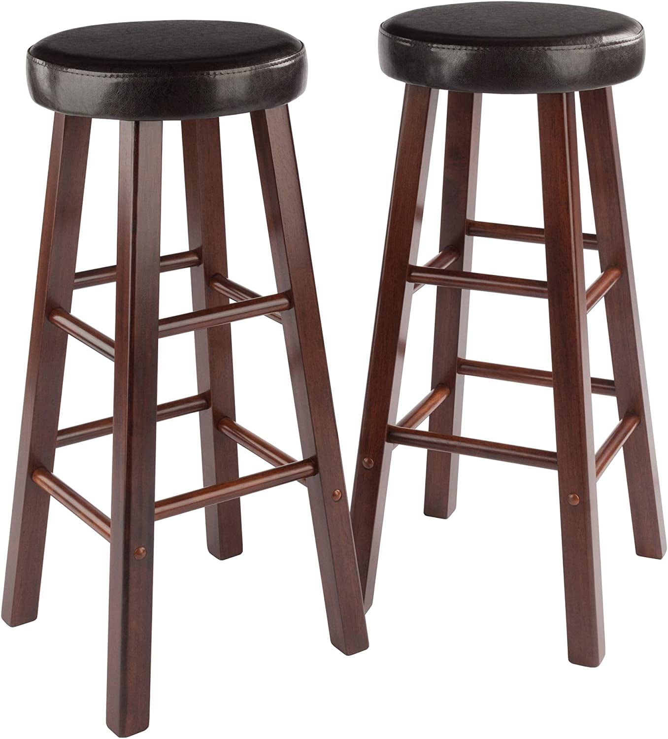 Transitional Walnut Brown Wood Bar Stool with Espresso Cushion, 30"