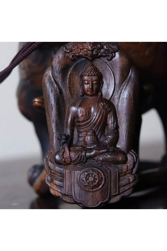 Wood Meditation Pendant Hand Carved Double-Sided Engraved Wood Necklace Amulet