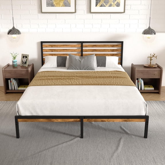 Wood-Metal Combination Queen Bed Frame with Headboard, Stable Platform with Steel Slat Support, Double Bed, No Box Spring Needed, Easy Assembly