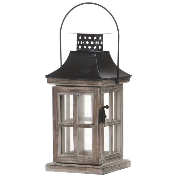 Wood and Metal Lantern Candle Holder with Handle, Rustic Vintage Style, Clear Glass, Indoor Outdoor Decorative Accent, Christmas Home Decor, 4.7 x 4.7 x 10.2 in / 12 x 12 x 26 cm