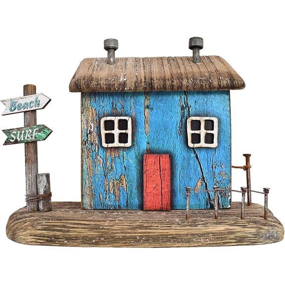 Wood Miniature House Nautical Beach Table Sculptures Home Decor, Small Wooden House Figurine Garden Ornament Summer Beach Mini House Statue with Beach Surf Sign