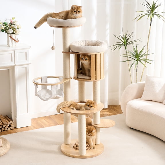 Wood Modern Cat Tree, 61.5" Cat Tower with Sisal Scratching Posts, Cat Condo, Capsule,Hamnock and Spinner Toy, Solid Wooden Aesthetic Multi-Level Cat Climbing Tree for Adult Indoor Cats-White