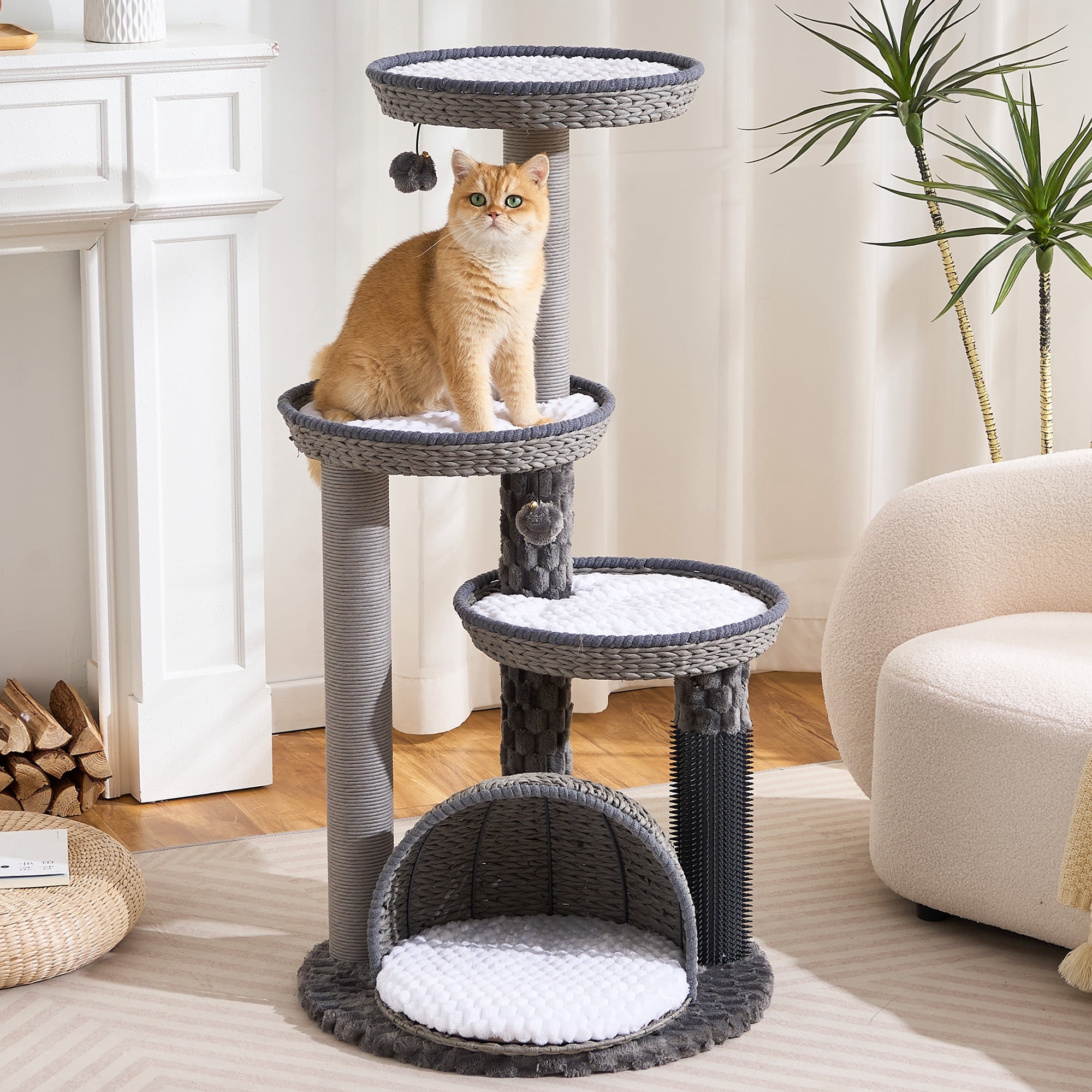 Wood Modern Cat Tree for Large Cat, 46" Tall Cat Tower with Sisal Scratching Posts, Cat Condo, Aesthetic Multi-Level Cat Climbing Tree with Hand-Woven Bed for Adult Indoor Cats-Blue