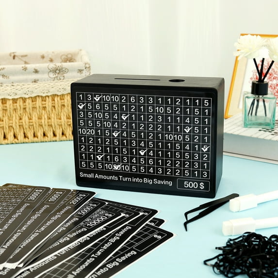 Wood Money Saving Box with 6 Targets 500 to 10000 Dollars Large Capacity Savings Challenge Box Reusable Money Box for Kids and Adults Black 16.5x12.5x6.5cm