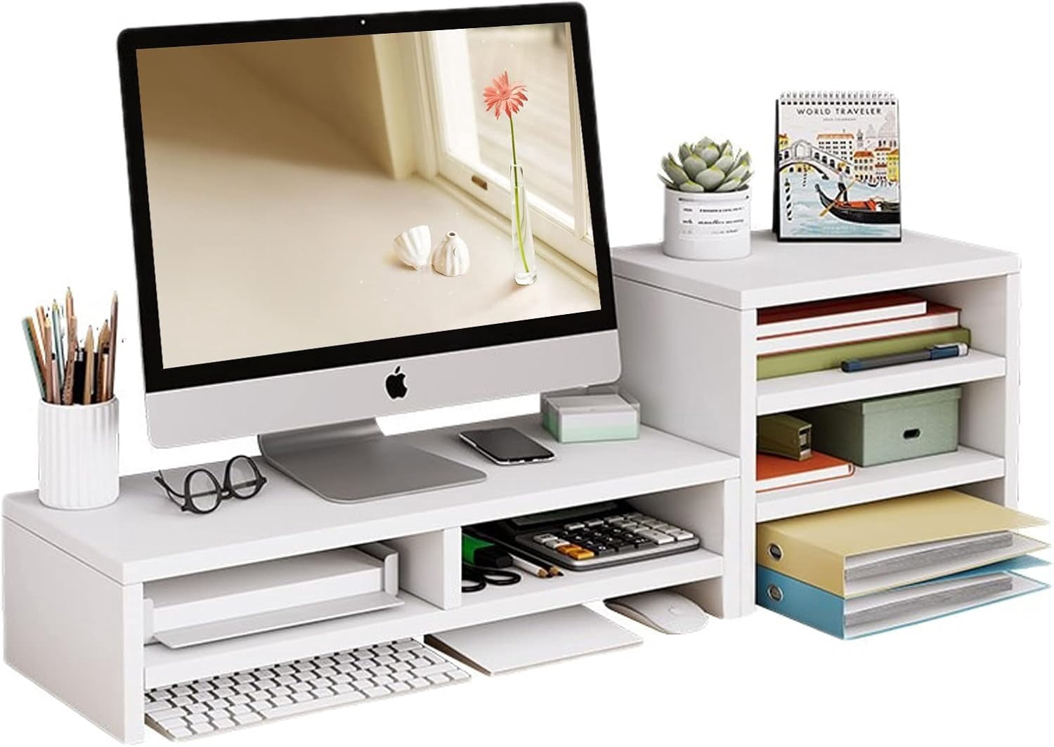 Computer Monitor Storage Rack Wood Monitor Riser, 2 Tier Computer Monitor Stand with Storage Rack ...