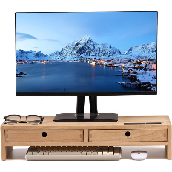 Wood Monitor Stand with 2 Drawers, Solid Wood Computer Monitor Riser for Desk, Desktop Organizer Shelf with Cable Management, Pen Slots, Natural, No Assembly PMJ-NA