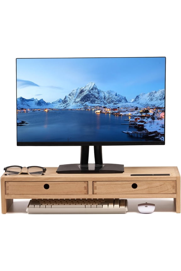 Wood Monitor Stand with 2 Drawers, Solid Wood Computer Monitor Riser for Desk, Desktop Organizer Shelf with Cable Management, Pen Slots, Natural, No Assembly PMJ-NA