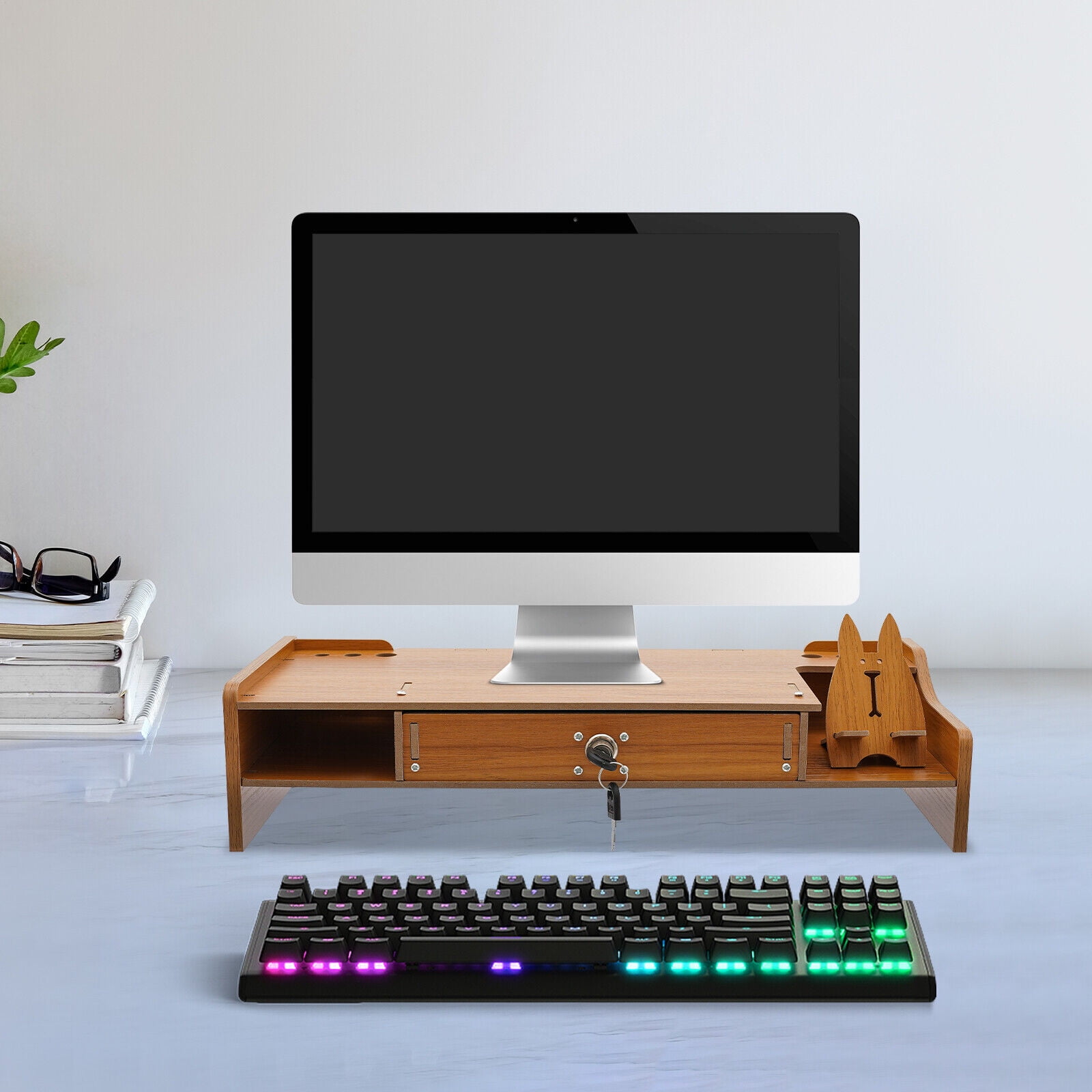 Wood Monitor Stand Computer Monitor Stand, Computer Rack with Lockable ...