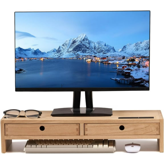Wood Monitor Stand with Drawers, Solid Wood Computer Monitor Riser for Desk, Desktop Organizer Shelf with Cable Management, Pen Slots, Brown, No Assembly