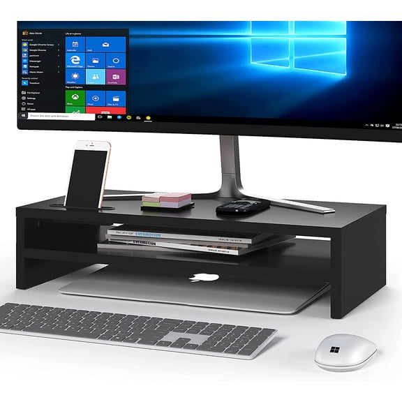 Wood Monitor Stand Riser, 2-Tier Desktop Organizer with Storage, Ergonomic Computer Stand for Desk, Cable Management, Cellphone Holder, 21.3 Inch Shelf, Black