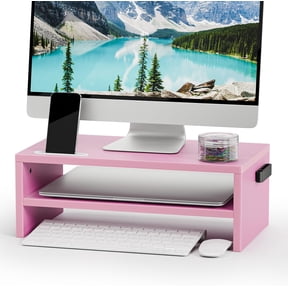 Wood Monitor Stand Riser,Desk Computer Printer Shelf StandPink | 2 Tier Laptop Computer Screen Storage, Desktop Stand with Phone Holder and Cable Management