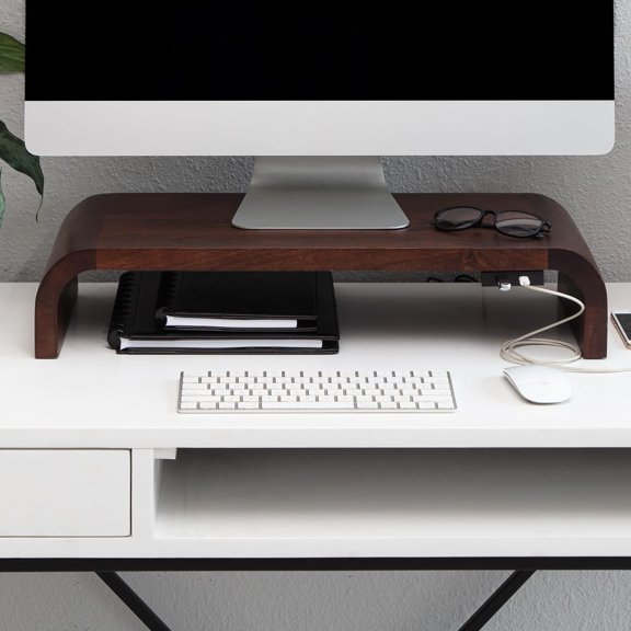 Wood Monitor Stand Riser Desk Desktop Organizer Table for Home, Office Workspace, Laptop Riser, Ergonomic Design Stand for Gaming Setup, with Power Source, Walnut