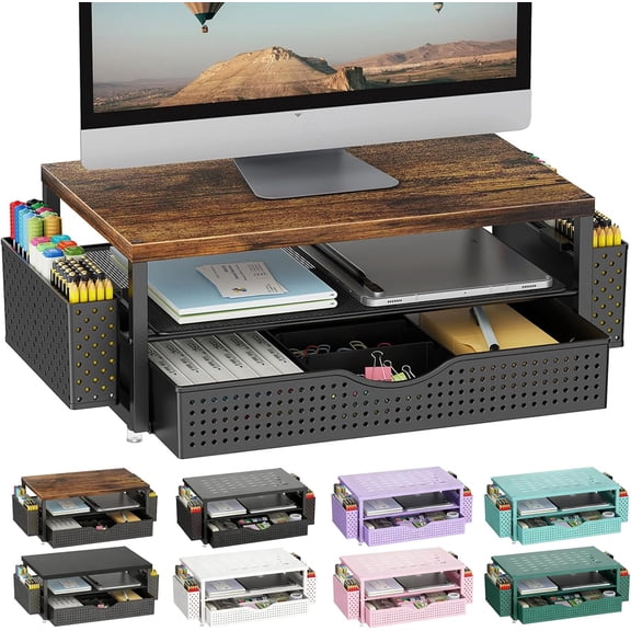 Wood Monitor Stand Riser, Desk Organizer with Drawer and 2 Pen Holders, 2-Tier Workspace Organizer for Office Supplies(Pink Wood)