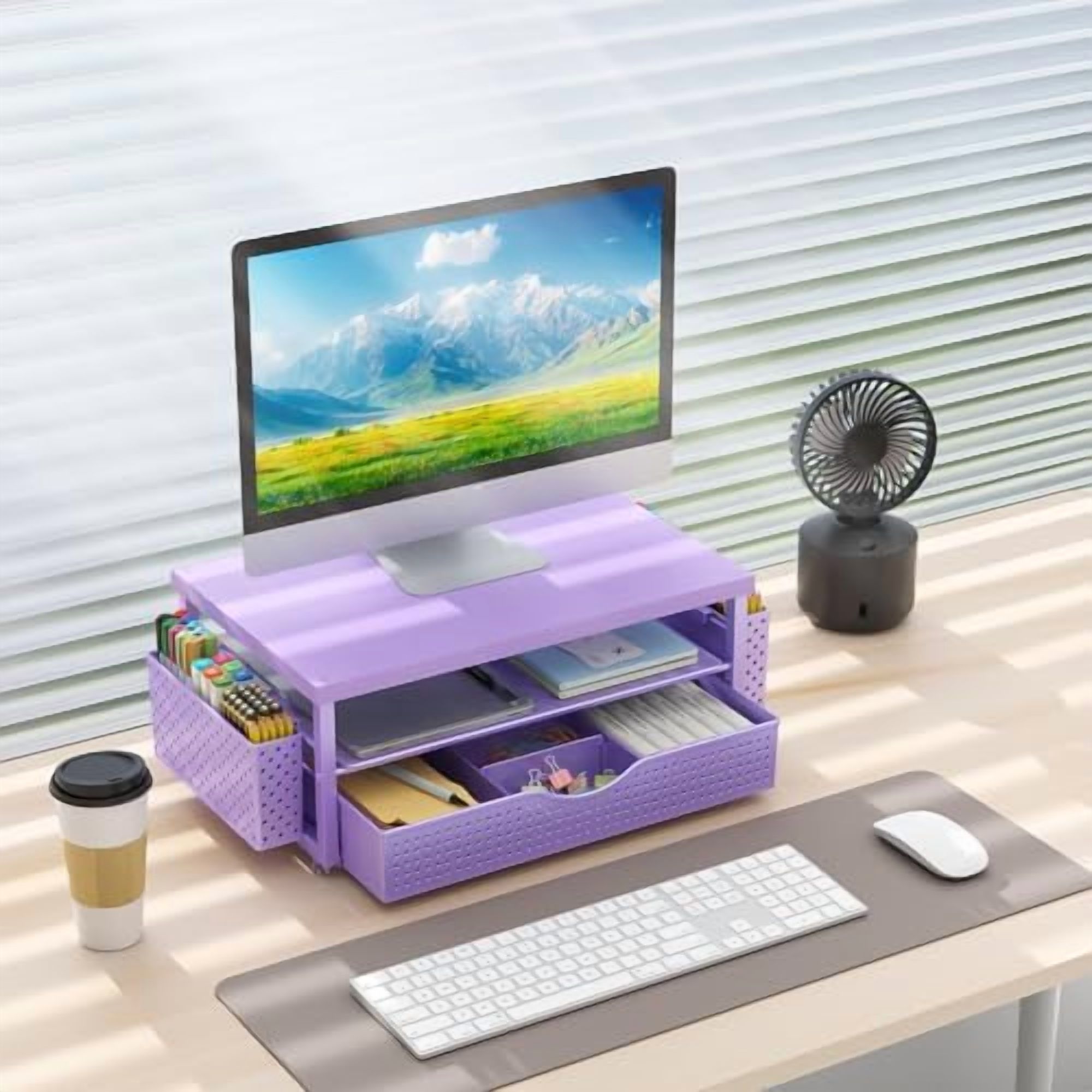 Wood Monitor Stand Riser, Desk Organizer with Drawer and 2 Pen Holders ...