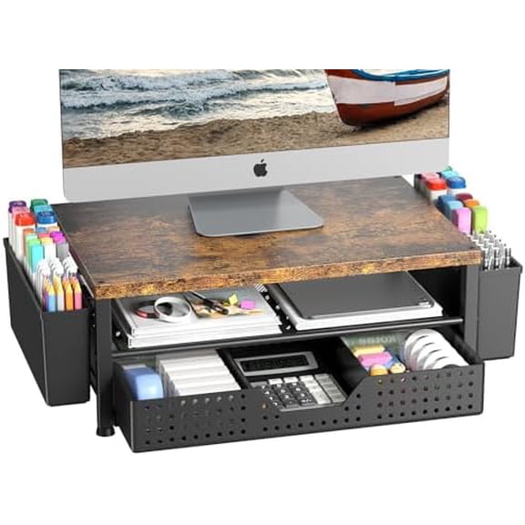 Wood Monitor Stand Riser, Laptop Stand for Desk, Office Desk Organizer and Accessories, Computer Desktop Shelf with Drawer and Pen Holder, Printer Stand for Home, Office, Dorm (Brown)