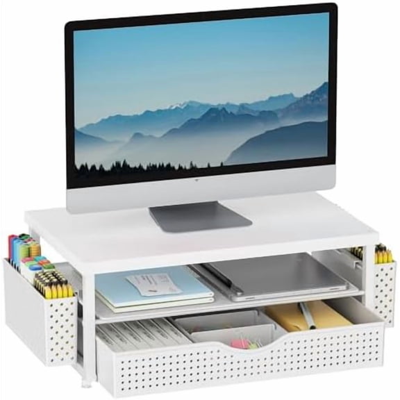 Wood Monitor Stand Riser, Office Desk Shelf Organizer, Desk Organizer with Drawer and Pen Holder, 2-Tier Computer Stand, Office Organization (Matte White)