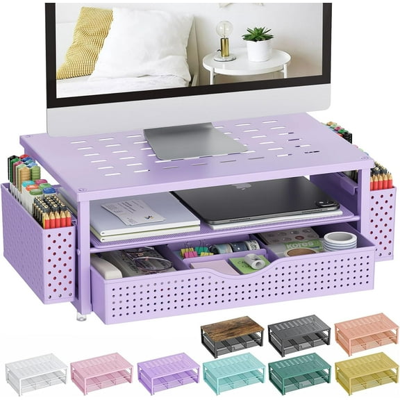 Wood Monitor Stand Riser, Office Desk Shelf Organizer, Desk Organizer with Drawer and Pen Holder, 2-Tier Computer Stand, Office Organization (Ink)