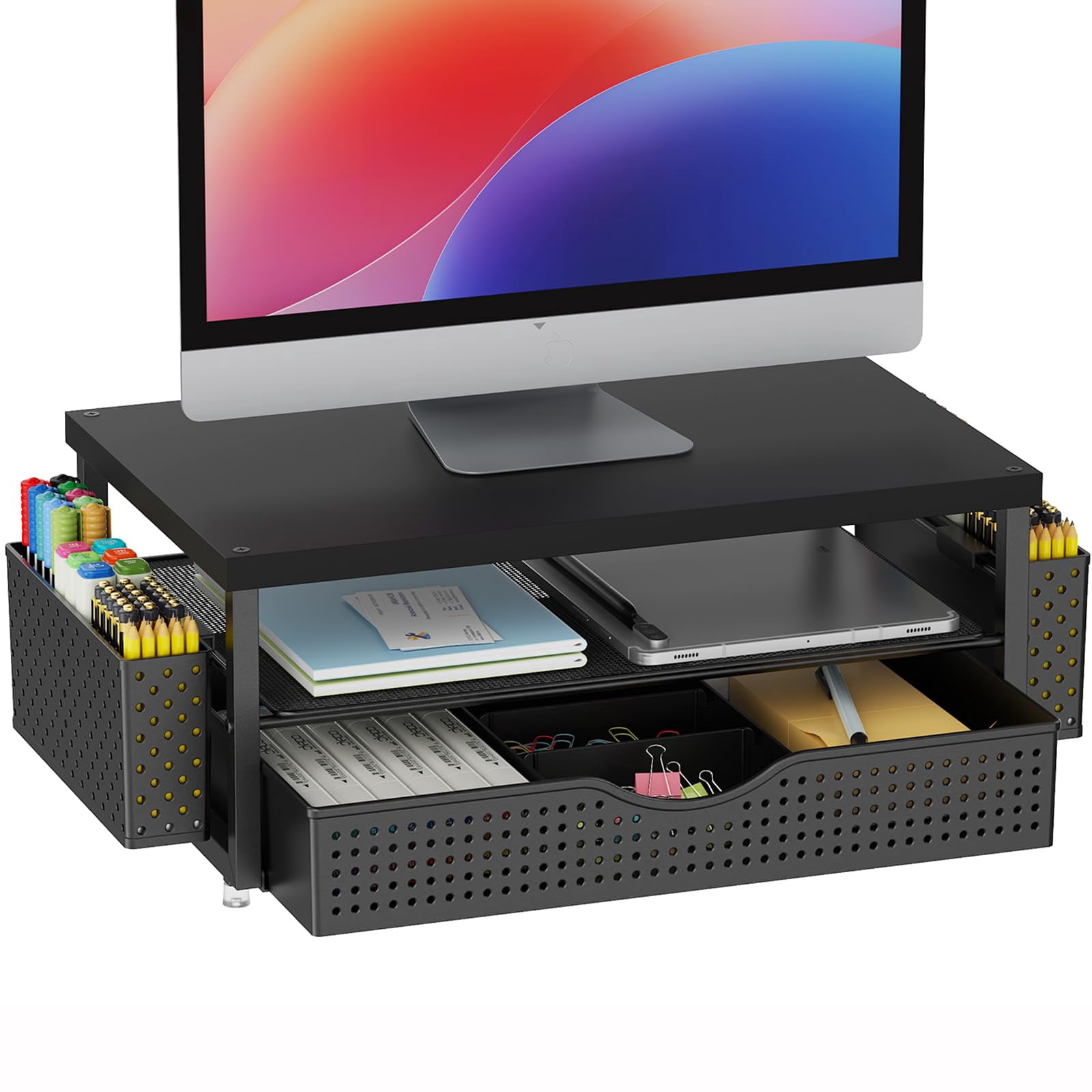 Wood Monitor Stand Riser  Office Desk Shelf Organizer With Drawer And Pen Holder 2-tier Computer Organization (ink)