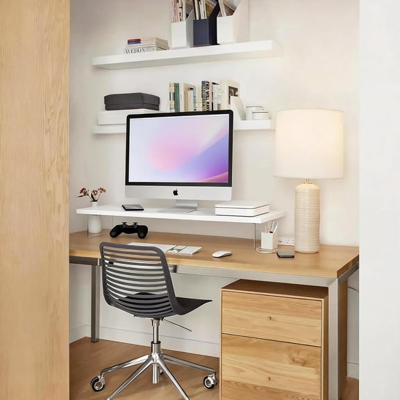 Wood Monitor Stand Riser with Acrylic , Computer Screen Desk Organizer for Home Office, 31.5 x 7.9 x 3.1 inch, Holds to 66 lbs - White