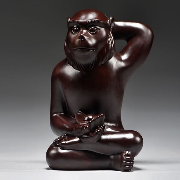 Wood Monkey Figurine Hand Carved Chinese Zodiac Ornament Home Desk Decor
