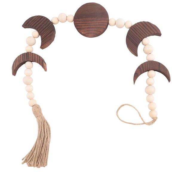 Wood Moon Phase Wall Hanging, Boho Farmhouse Beaded Garland with Tassel Decor,Brown