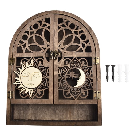 Wood Moon Sun Shelf Crystal Display Stand Gothic Decor Witchy Holder Unique Opening Door Design Compact 28x22x3cm