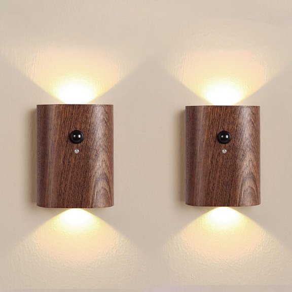 Wood Motion Sensor Wall Sconce, Rechargeable LED Up Down Light for Hallway Stairs Bedroom