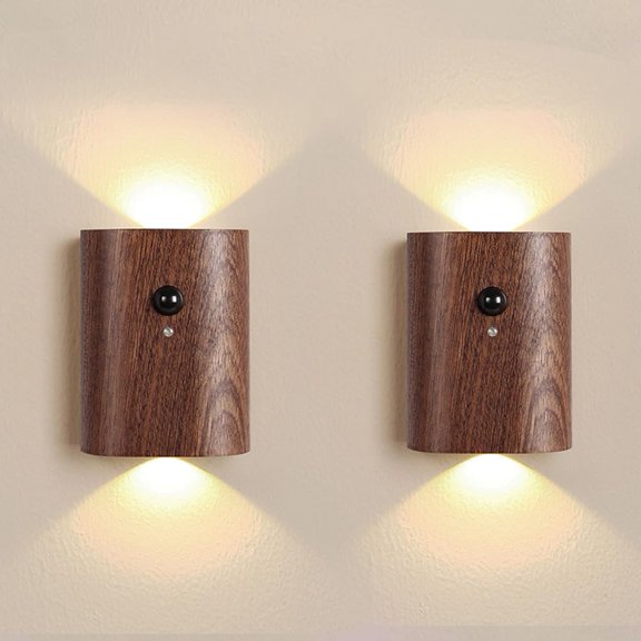 Wood Motion Sensor Wall Sconce, Rechargeable LED Up Down Light for Hallway Stairs Bedroom