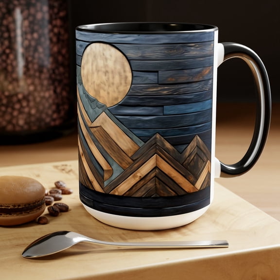 Wood Mountain And Moon Mug: Rustic Cabin Decor Coffee Cup - Nature Lover Gift