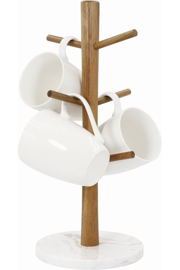 Wood Mug Holder, Marble Base Cup Rack Tree, Mug Stand Hanger, Kitchen Coffee Tree Countertop Tea Holder Stand, Coffee Cup Dryer with 6 Hooks (Round Base White)