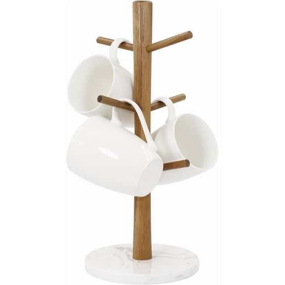 Wood Mug Holder, Marble Base Cup Rack Tree, Mug Stand Hanger, Kitchen Coffee Tree Countertop Tea Holder Stand, Coffee Cup Dryer with 6 Hooks (Round Base White)